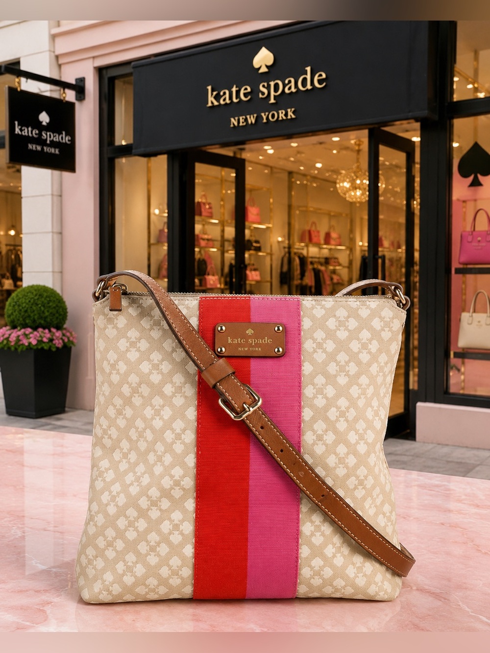 Kate Spade New York Canvas Crossbody Bag | Pink & Red Stripe GUC